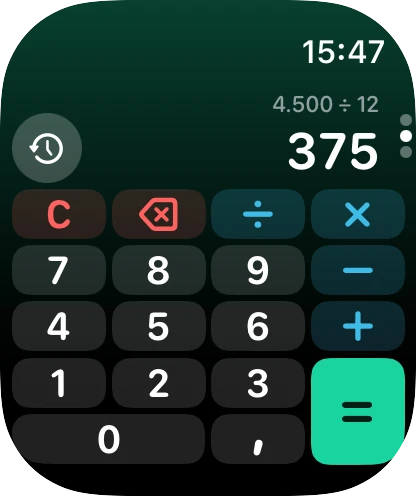 Calculadora do FinBrisk no Apple Watch: 4.500 ÷ 12 = 375